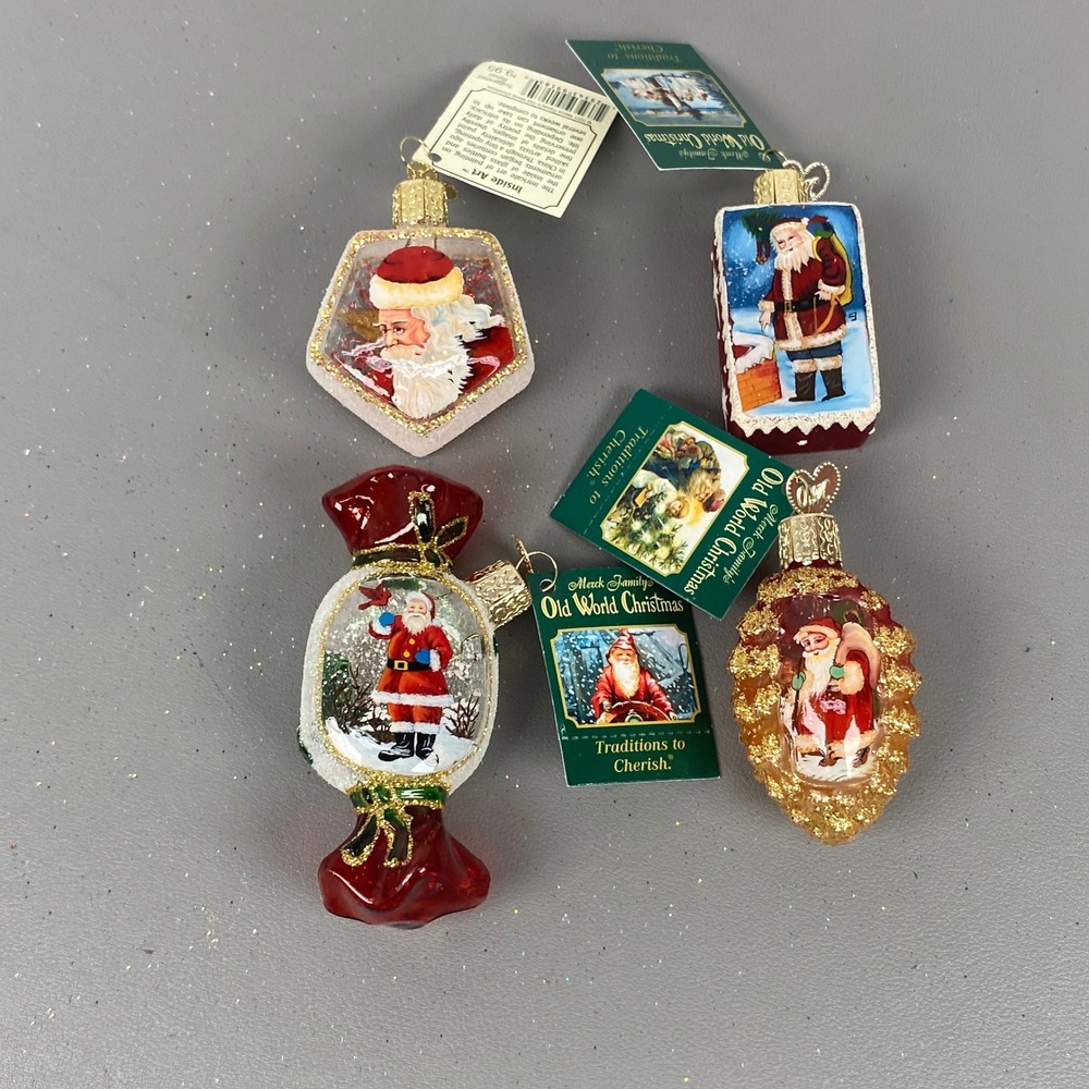 4 Old World Christmas Glass Inside Art Ornaments Santa Pinecone Candy Gift Box